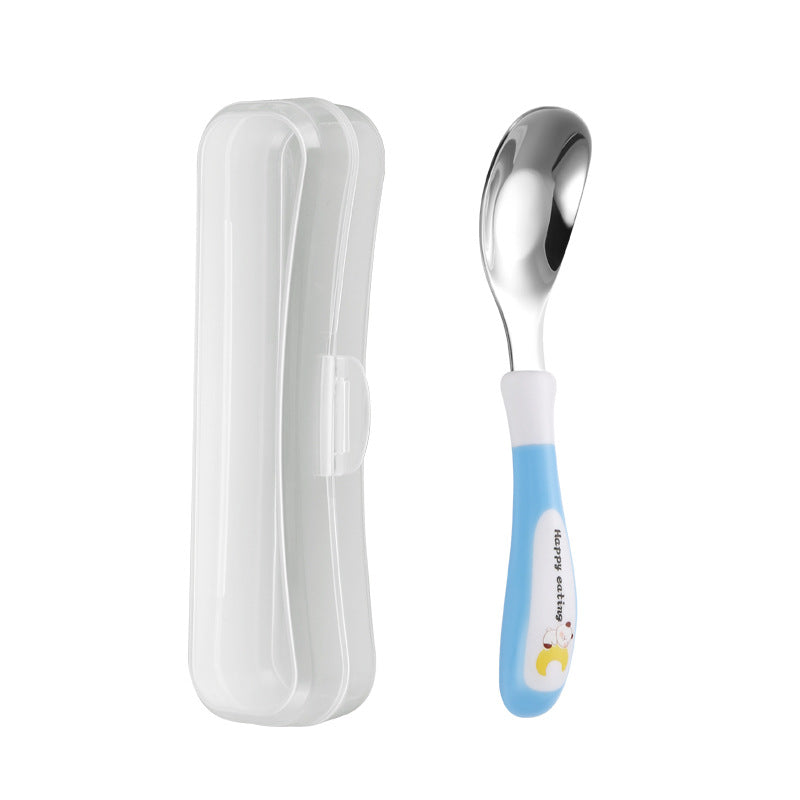 A Stainless Steel Spoon Designed for Dining, a Spoon for Feeding, And a Cartoon-Themed Rice Spoon