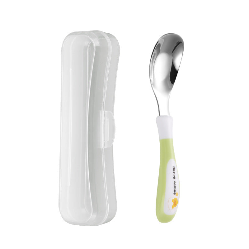 A Stainless Steel Spoon Designed for Dining, a Spoon for Feeding, And a Cartoon-Themed Rice Spoon
