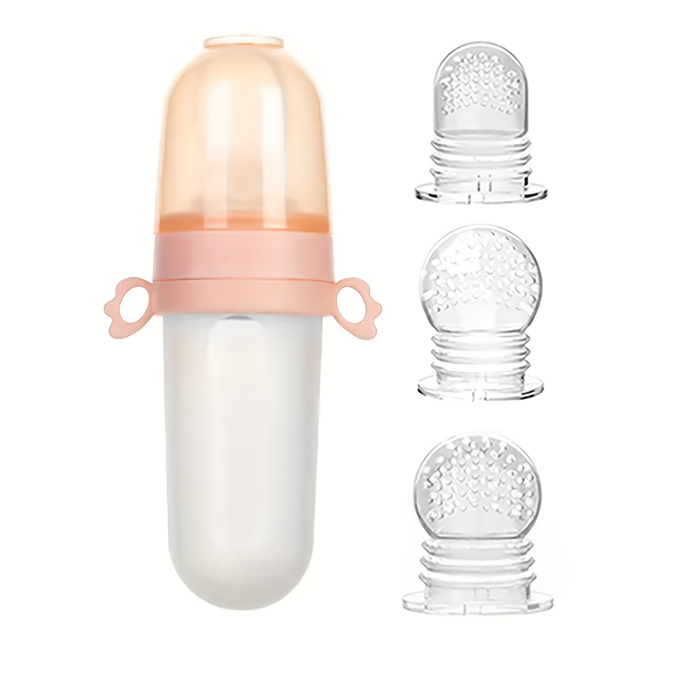 4pcs Baby Feeding Set: 1pc Silicone Spoon Feeder Bottle with Handle, 3-Size Mesh Bags-S, M, L. Rice Paste Squeeze Feeding Bottle Set, Multifunctional Fruit Vegetable Food Supplement Milk Bottle