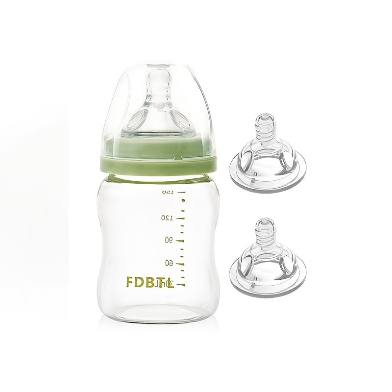 A Glass Baby Bottle - Natural Rubber Nipple, 4 Ounces, Easy to Clean, Heat-Resistant, Suitable for Newborns Aged 0-3 Years, Comes with 2 Extra Nipples As a Gift