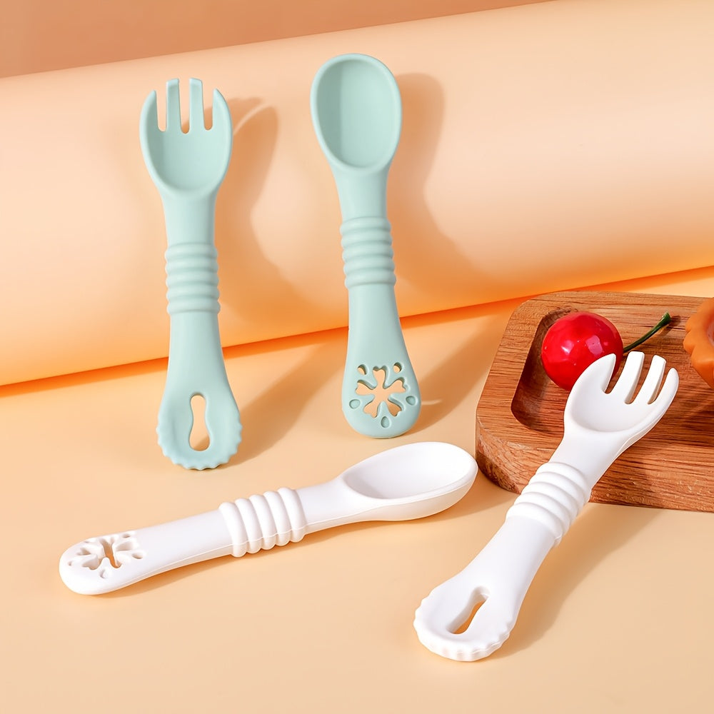 TYRY.HU 4pcs Spoon and Fork, Multi-functional Food Grade Spoon and Fork,Silicone Toddler Dinnerware for Infant Food Feeding Kits,Perfect Christmas, Thanksgiving, and Back-to-school Gifts