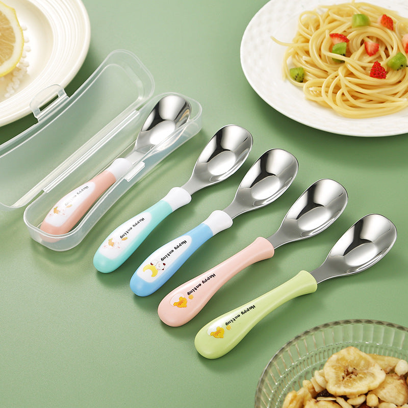 A Stainless Steel Spoon Designed for Dining, a Spoon for Feeding, And a Cartoon-Themed Rice Spoon