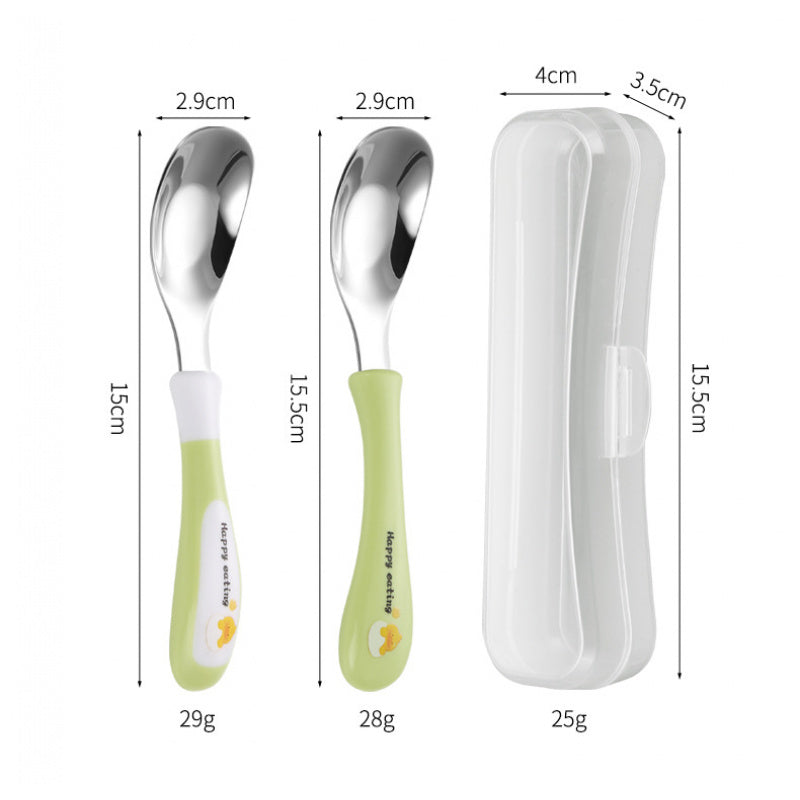 A Stainless Steel Spoon Designed for Dining, a Spoon for Feeding, And a Cartoon-Themed Rice Spoon