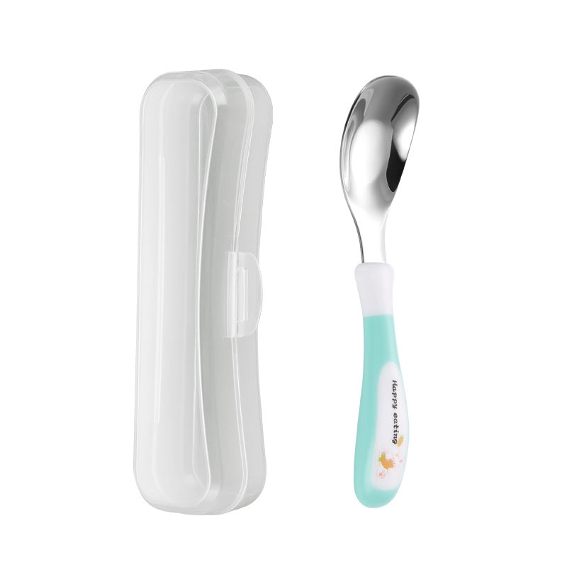 A Stainless Steel Spoon Designed for Dining, a Spoon for Feeding, And a Cartoon-Themed Rice Spoon