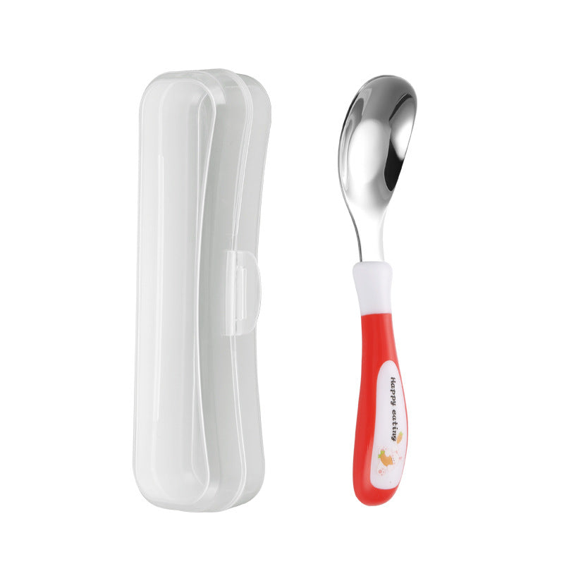 A Stainless Steel Spoon Designed for Dining, a Spoon for Feeding, And a Cartoon-Themed Rice Spoon