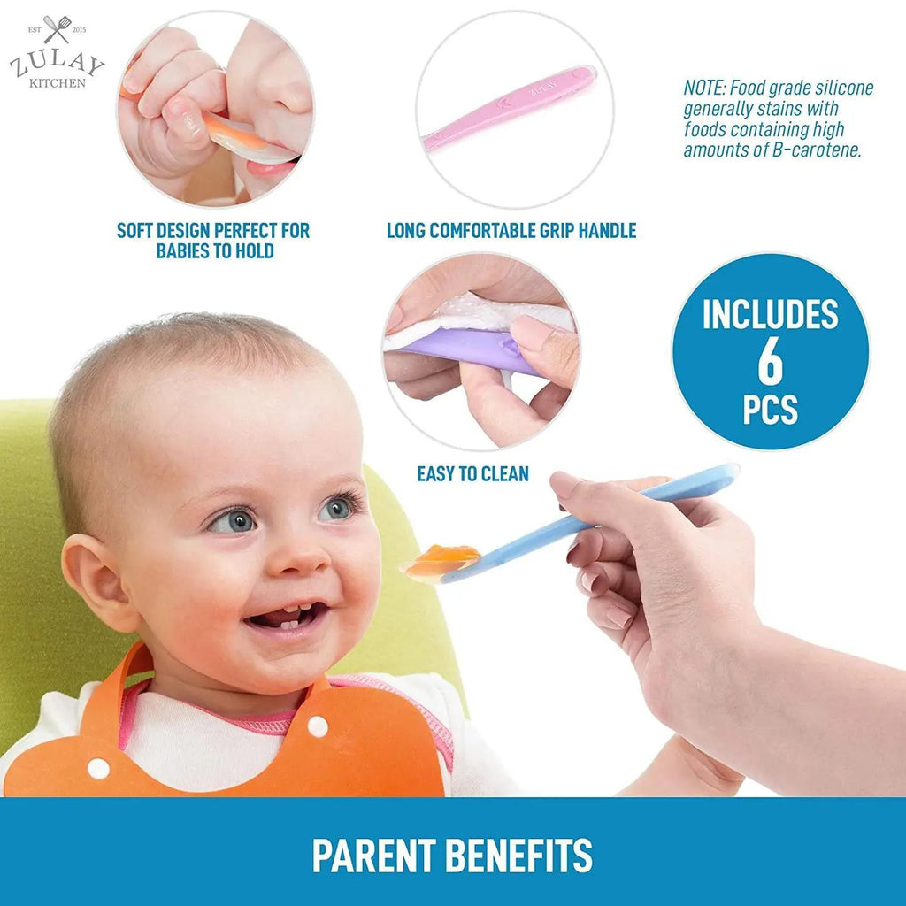 Zulay Kitchen Baby\u002FInfant Soft Silicone Spoon Set - 6 Pack