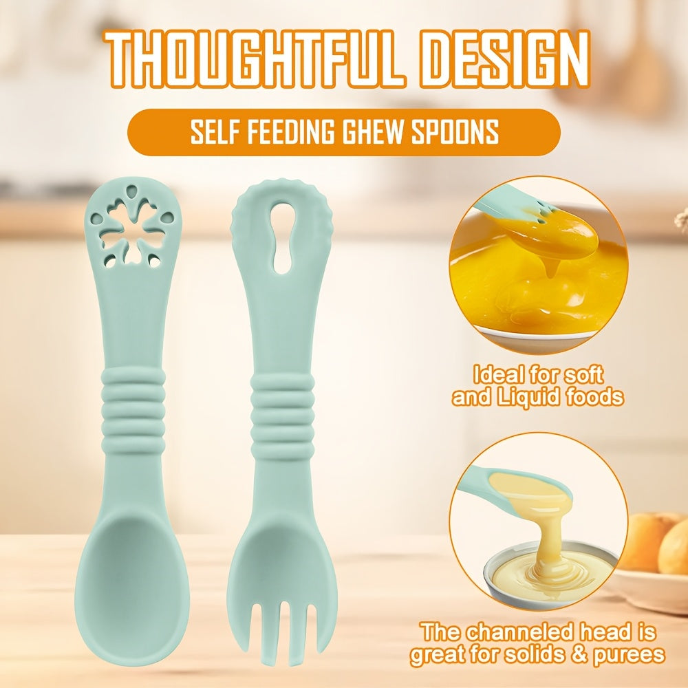 TYRY.HU 4pcs Spoon and Fork, Multi-functional Food Grade Spoon and Fork,Silicone Toddler Dinnerware for Infant Food Feeding Kits,Perfect Christmas, Thanksgiving, and Back-to-school Gifts