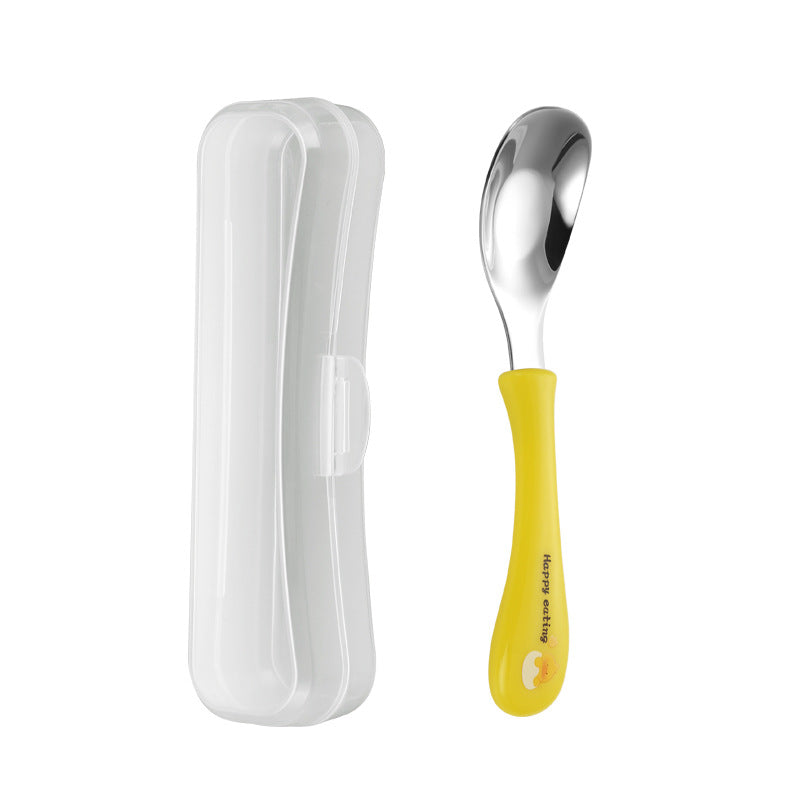 A Stainless Steel Spoon Designed for Dining, a Spoon for Feeding, And a Cartoon-Themed Rice Spoon