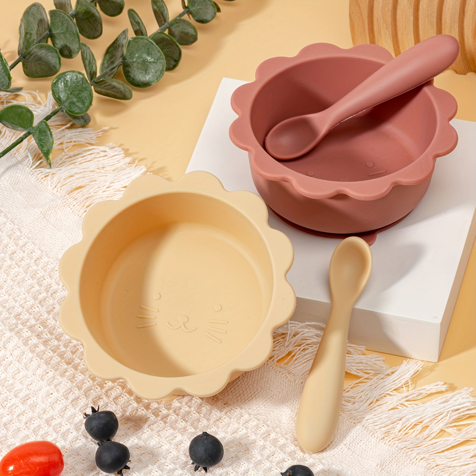 2pcs Set \u002F 1pc Children's Food-Grade Feeding Bowl and Spoon Set, Tableware with Suction Cups Suitable for Children, for Home Use, High-Temperature Resistant, Cat Theme