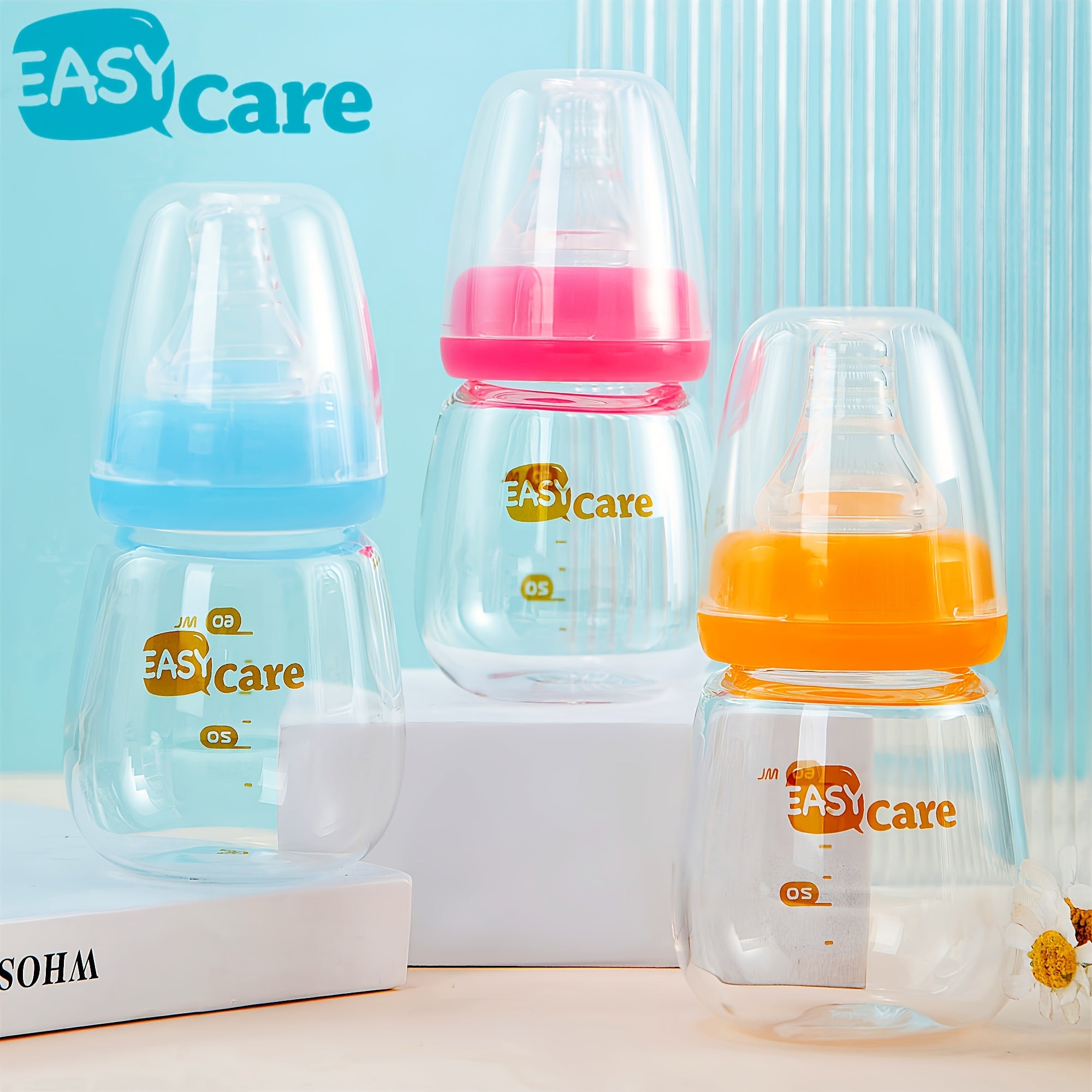 Set of 5 EASYCARE Glass Baby Bottles for Newborns, Each Holding 2.1 Oz\u002F60Ml, Comes with Two Nipples Suitable for 0-3 Months, Features an Anti-Collapse Design, And Is Easy to Clean And Transport. Perfect As a Sippy Cup for Infants